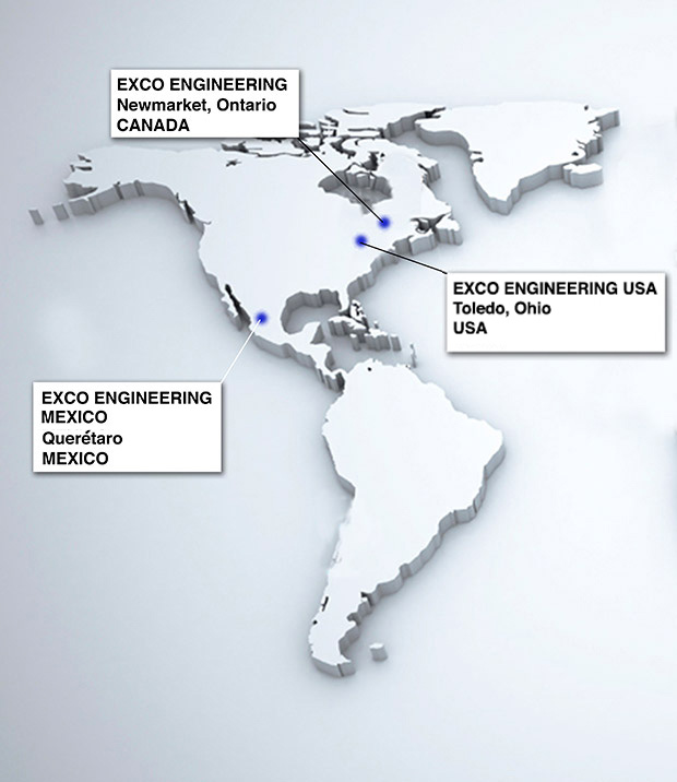 Map of North America showing Exco's 3 locations.